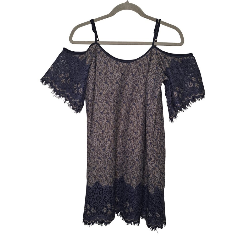 Buttons Off Shoulder Blue Lace Overlay Mini Dress Lined Size Small